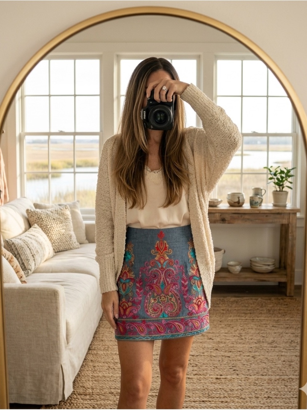 Umgee NWT Boho Embroidered Paisley High-Waist A-Line Denim Mini Skirt